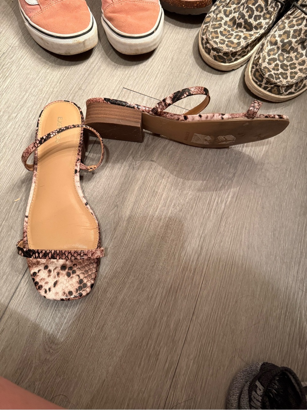 Express Pink/Brown Snake-Print Strappy Block Heel Sandals